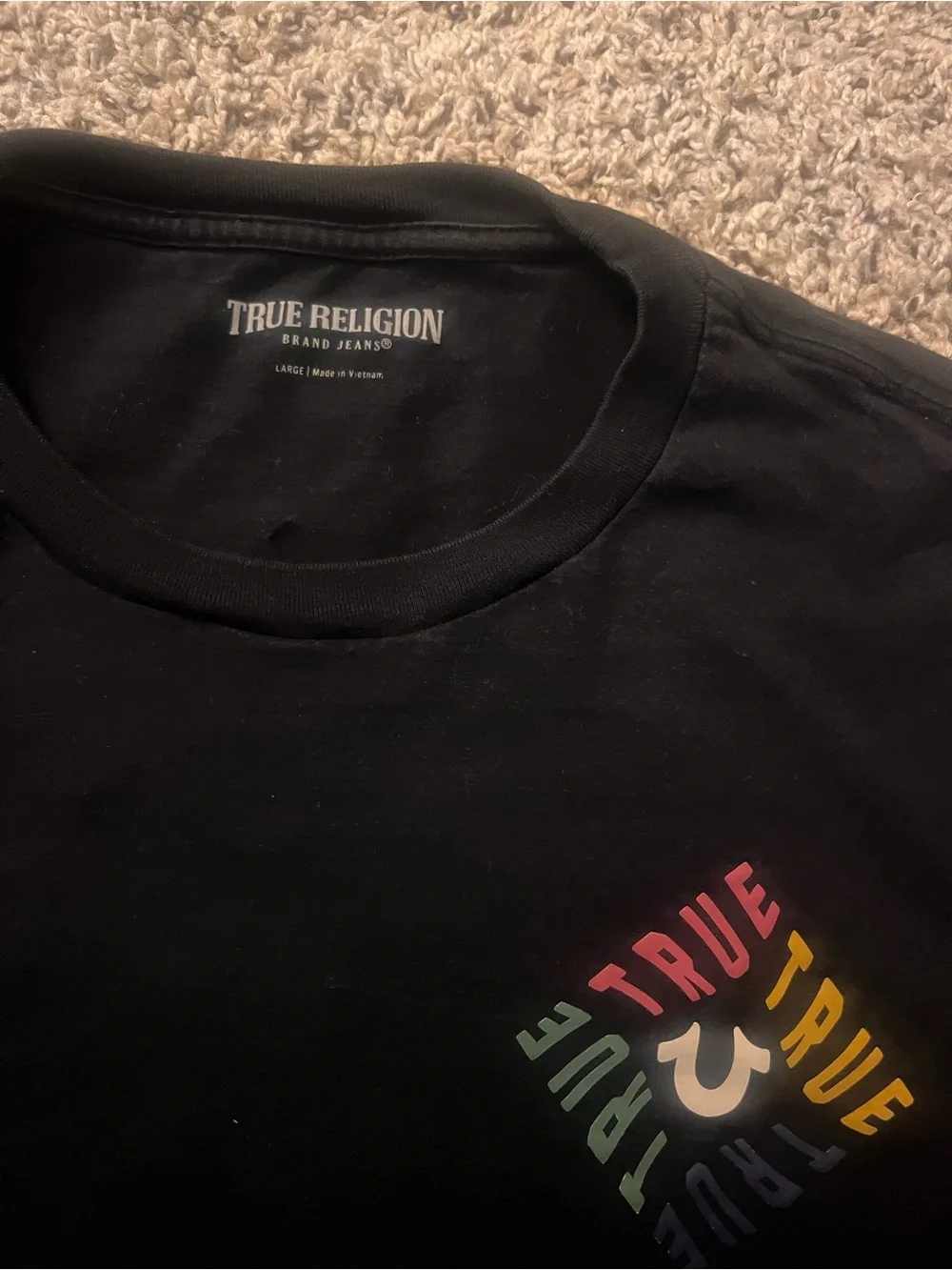 True Religion Black Crewneck T-Shirt with Multicolor Chest Logo
